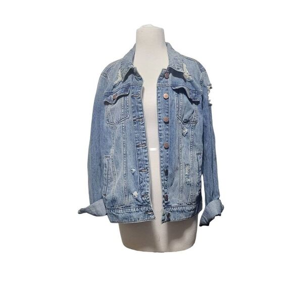 See Thru Soul Distressed Blue Jean Denim Boyfriend Jacket Women Size Medium - Picture 2 of 16
